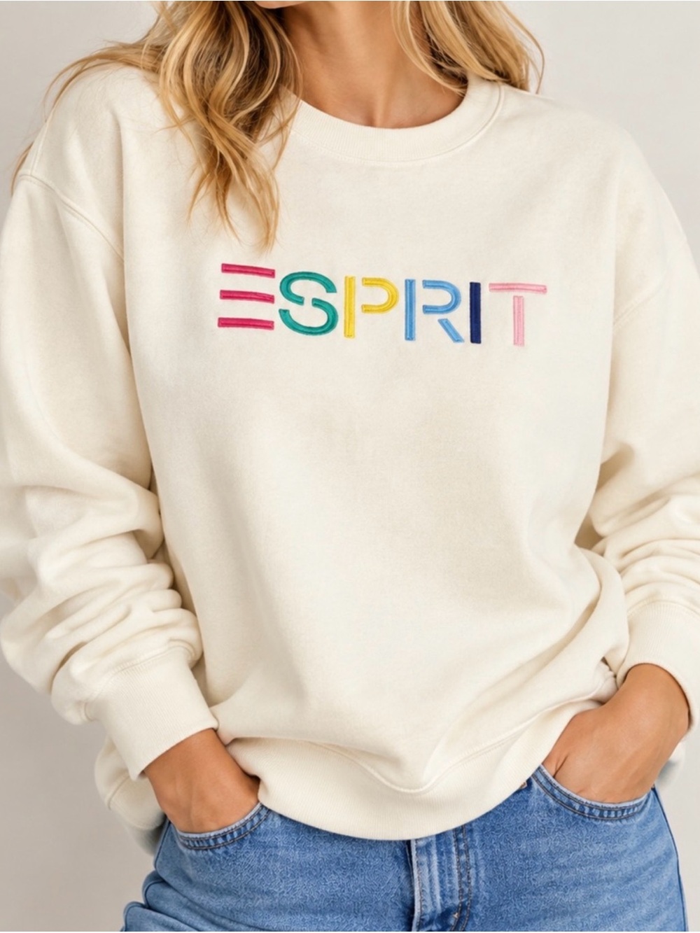 Esprit Cream Crewneck Sweatshirt with Embroidered Logo-XXL- NWT Gen X Nostalgia